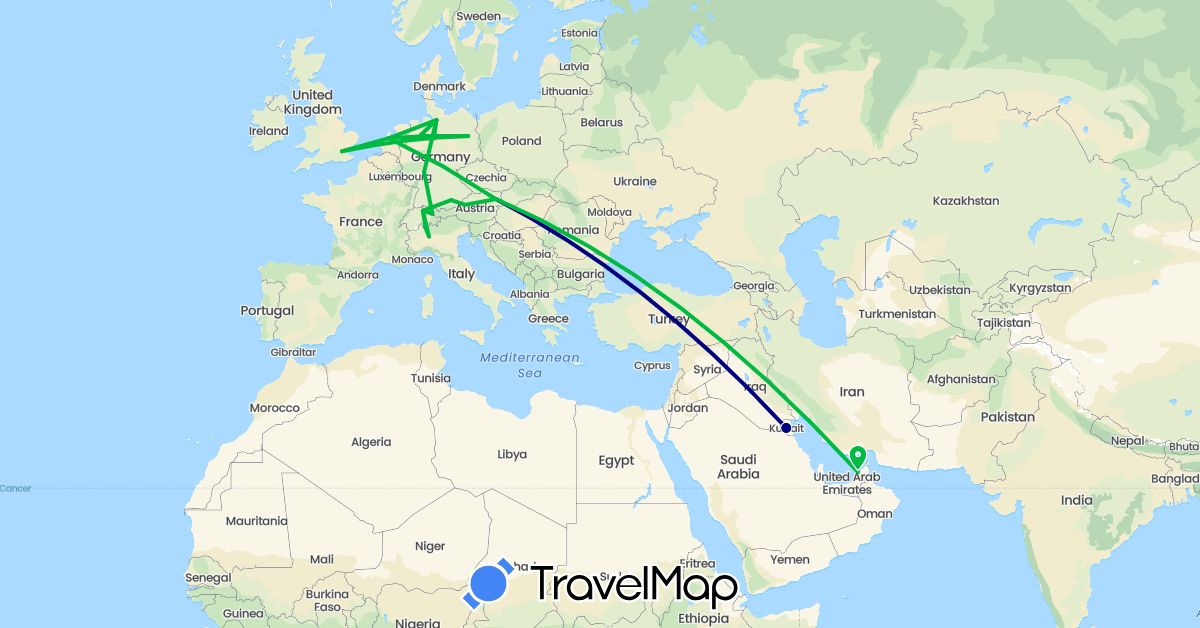 TravelMap itinerary: driving, bus in United Arab Emirates, Austria, Switzerland, Germany, United Kingdom, Italy, Kuwait, Liechtenstein, Netherlands (Asia, Europe)